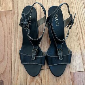 Anyi Lu Lolita Black Leather Buckled Low Wedge Sandal Shoe-Size 42